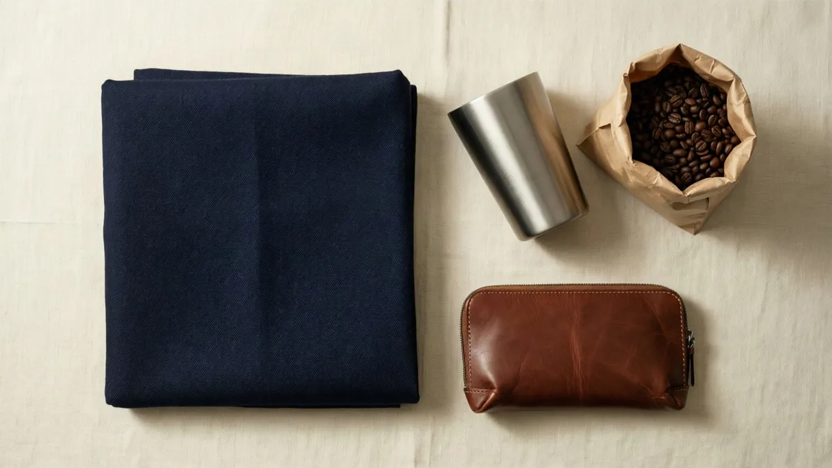 A folded navy twill square, a brushed steel travel mug, a brown leather zip pouch and an open kraft bag of coffee beans laid out on ivory linen, seen from above